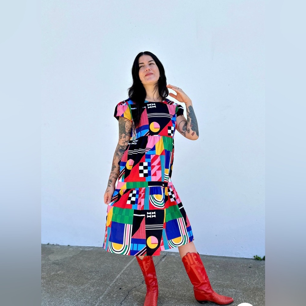 Nooworks Multicolor Geometric Midi Dress - Black Base with Bright Accents
